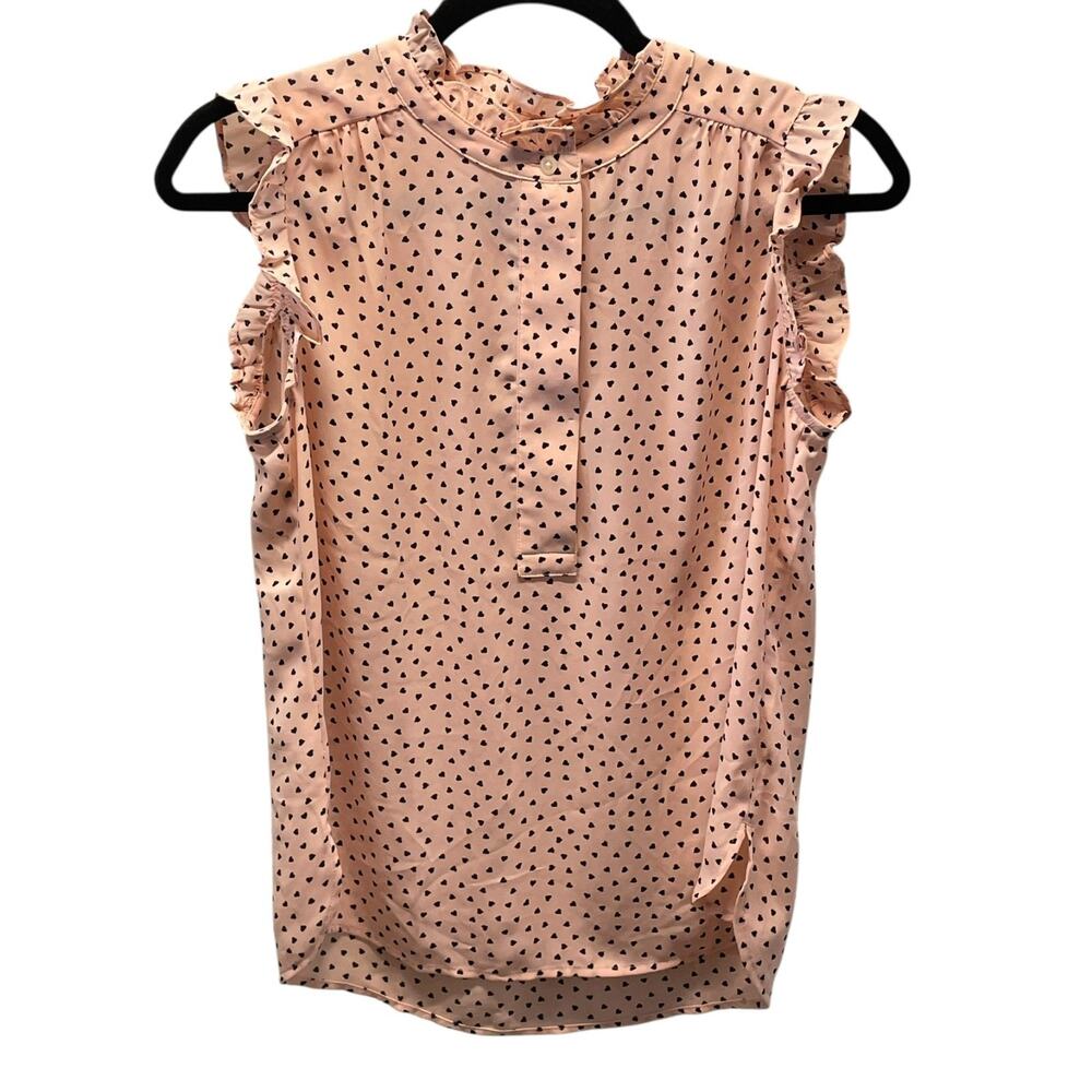 LOFT Sleeveless Blouse Pink with Black Hearts S Petite Ruffles Novelty